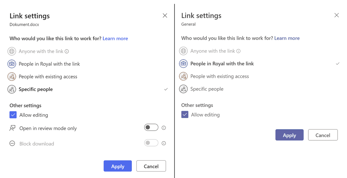 Figure 4: Sharing link in SharePoint and Teams