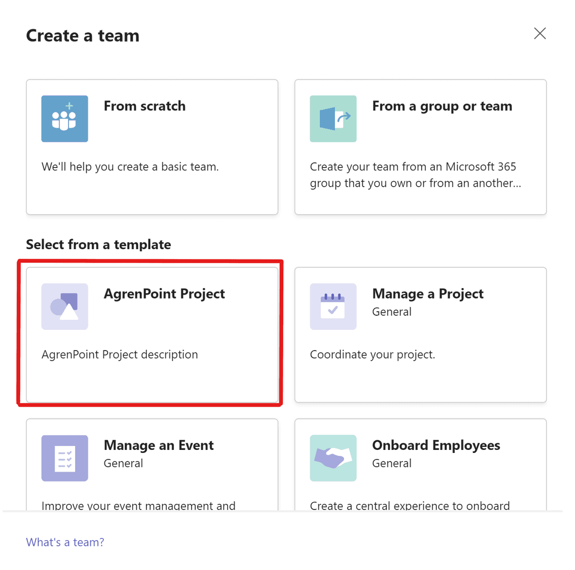 Create a Team - Custom template