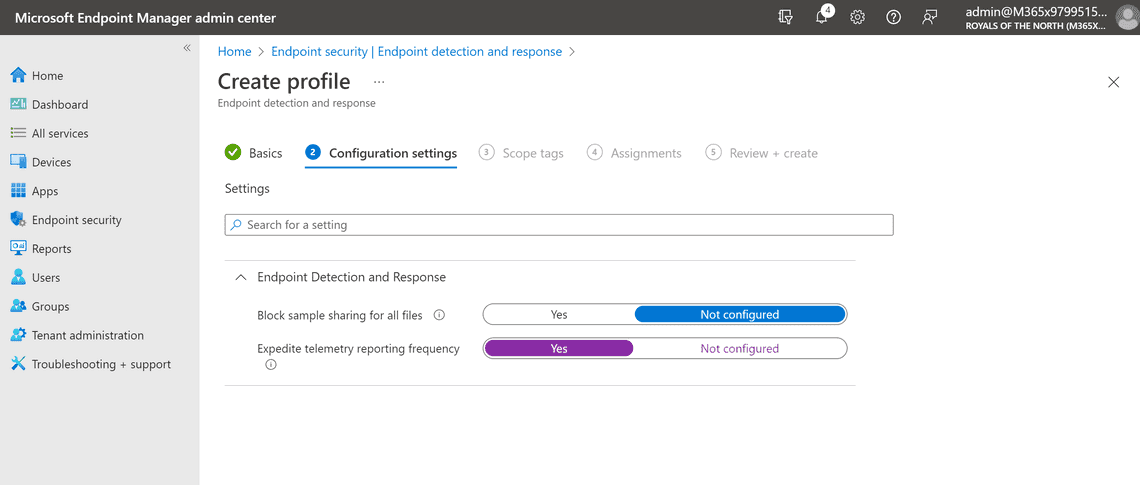 Intune - Create EDR Policy - configuration settings