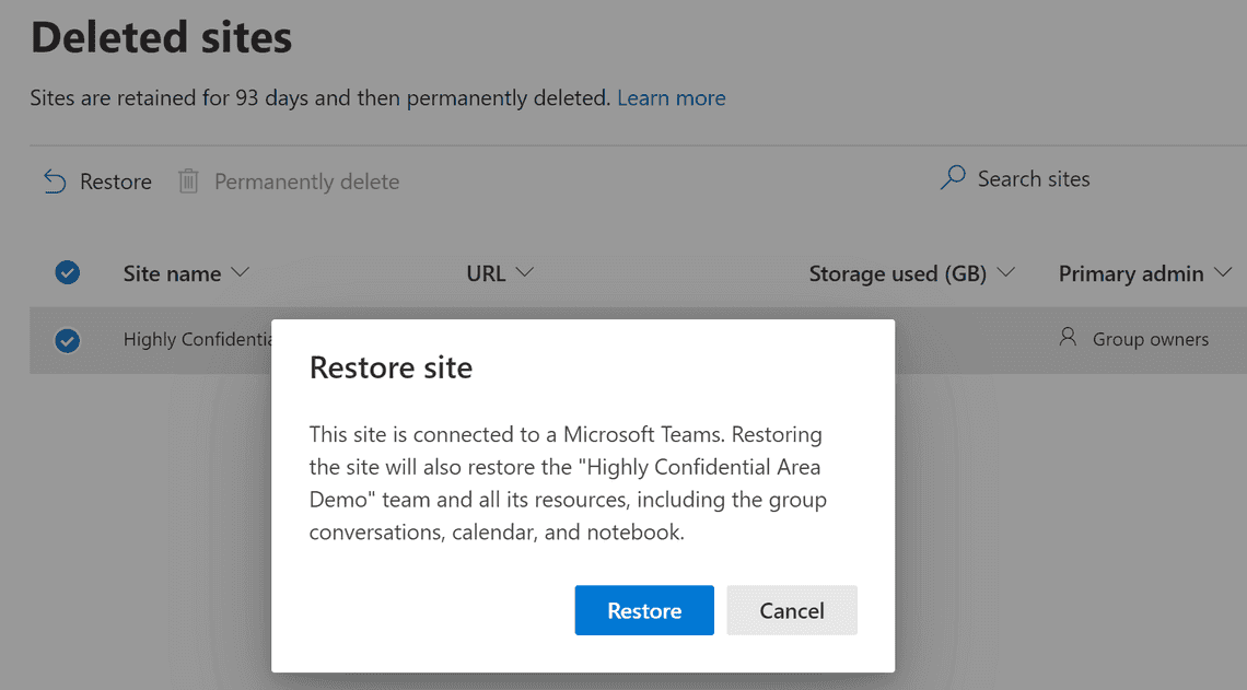 Figure 2: Restore the collaboration solution from SharePoint Admin Center
