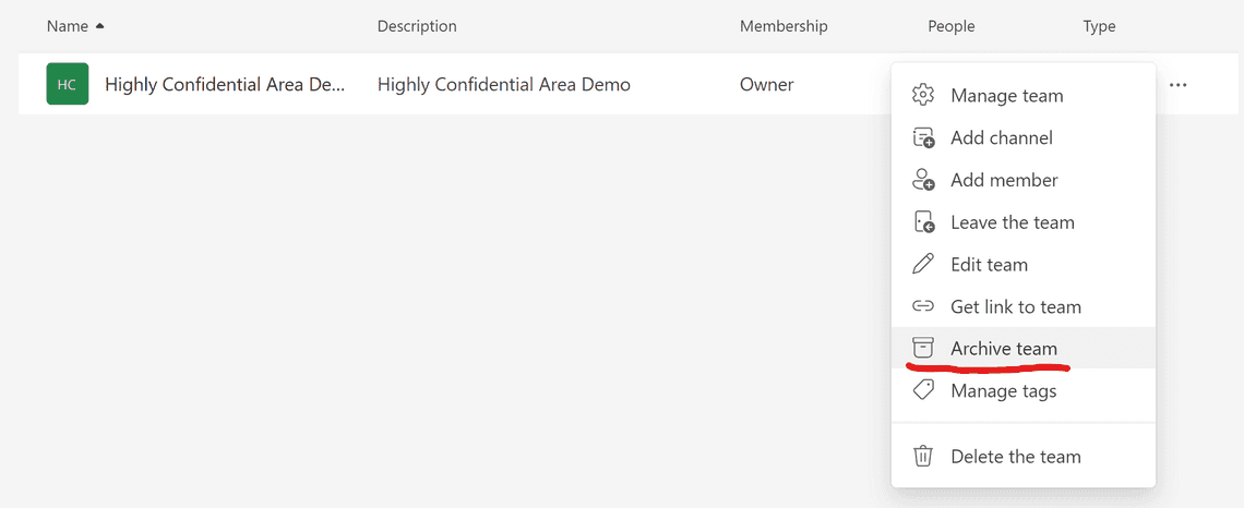 Figure 1: Archiving a team as a team owner from the Teams client