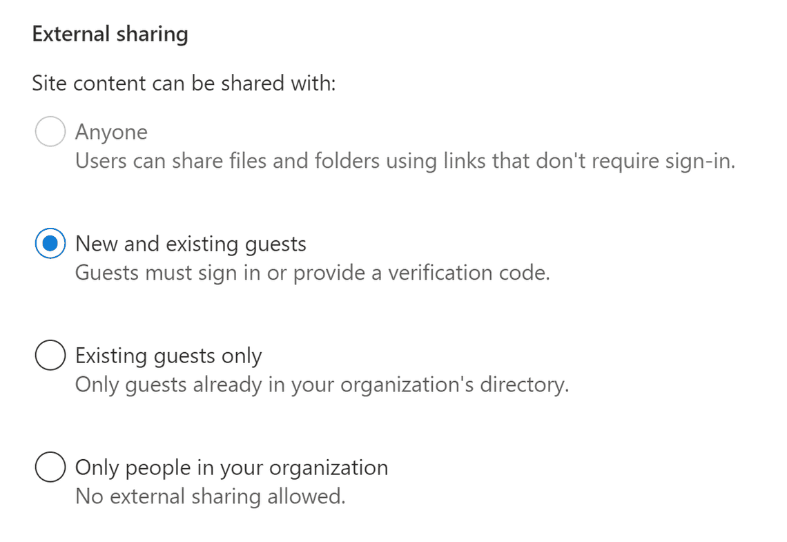 Figure 6: External sharing for SharePoint site