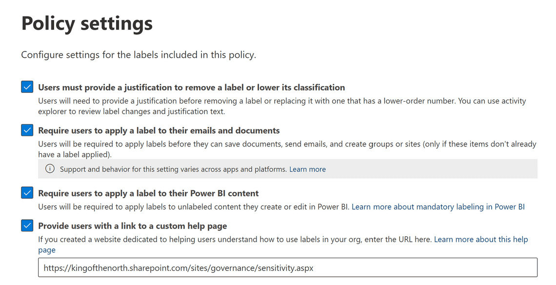 Figure 3: Custom help link from the UI in Microsoft Purview