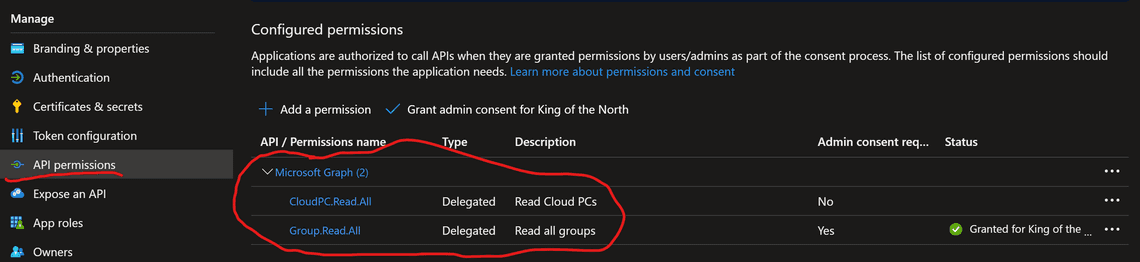 API Permissions - app reg in Azure AD