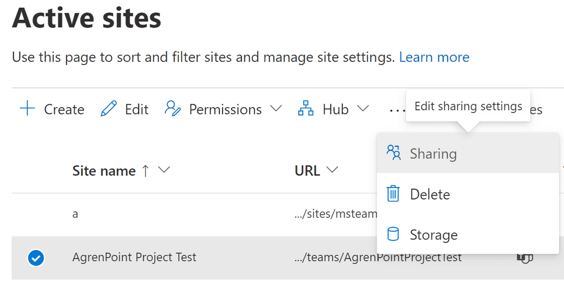 Figure 5: Site sharing settings for selected site