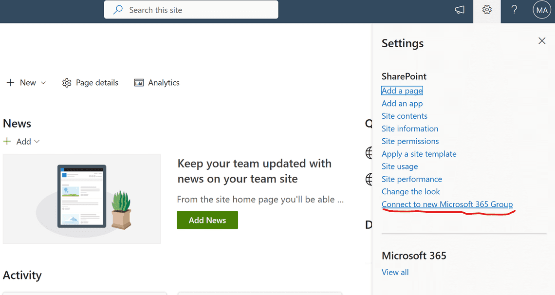 Connect to new Microsoft 365 Group - settings
