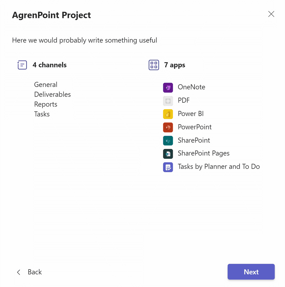 Create a Team - Template summary